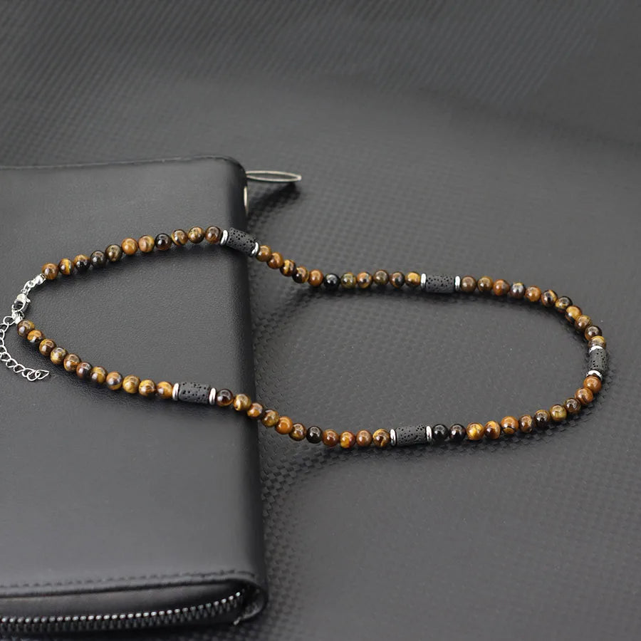 Classic 6mm Natural Stone Beaded Necklace Men 20 Inches Howlite Tiger Eyes Beads Short Collar Jewelry Office Leisure Joias Gift