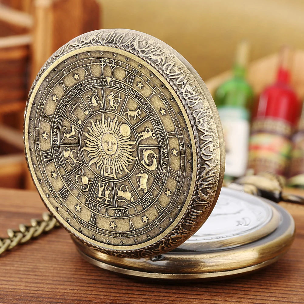 Vintage Pocket Watch Bronze Quartz Zodiac Signs Watches with Chain The SUN Male's Kid Retro Clock Exquisite Fashion