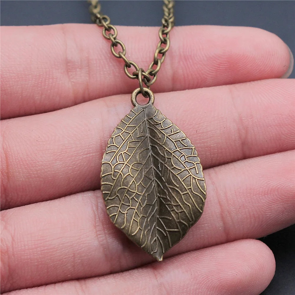 Vintage Leaf Pendant Necklace 35x20mm, Long Chain