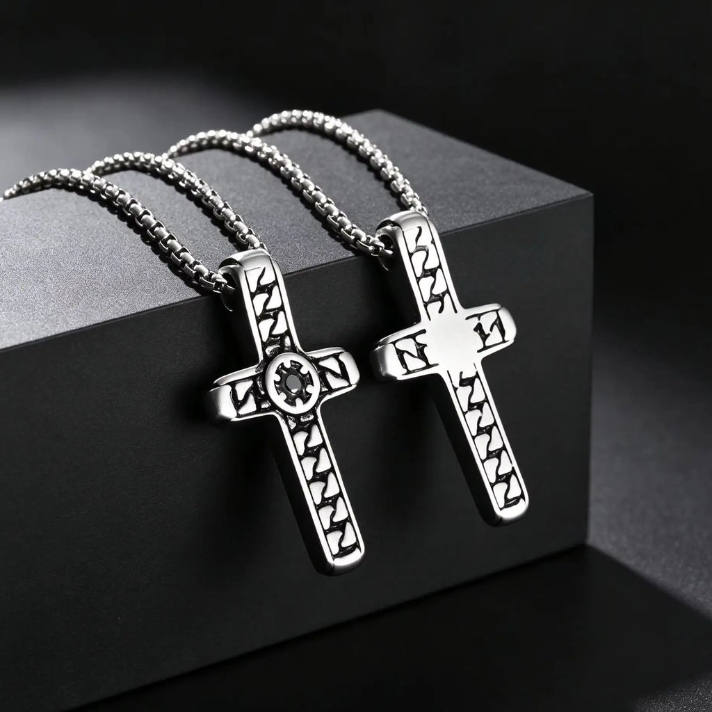 Stylish Cool Textured Cross Pendant Necklace for Men High Quality Stainless Steel Waterproof Collar Necklace Punk