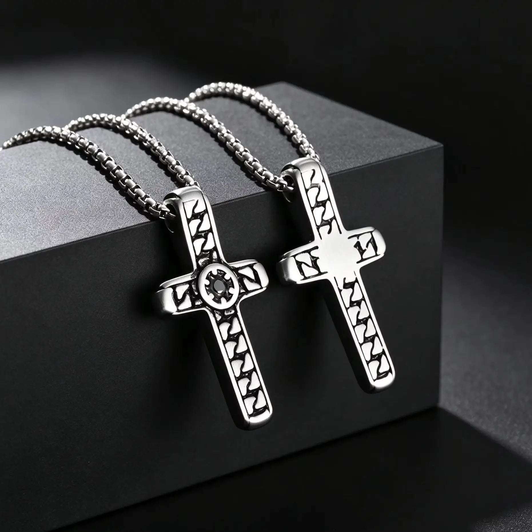 Stylish Cool Textured Cross Pendant Necklace for Men High Quality Stainless Steel Waterproof Collar Necklace Punk
