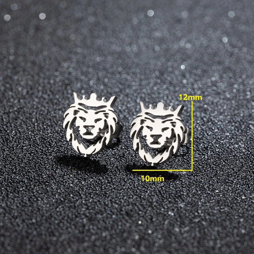 Crown Lion Head Stud Earrings — Hollow Cutout, Stainless Steel