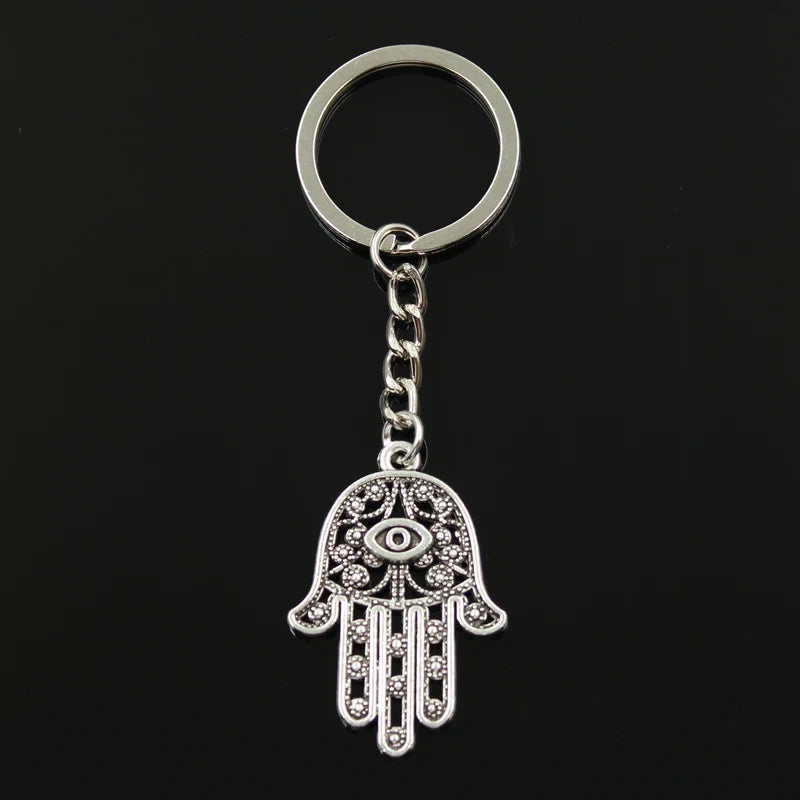 Fashion 30mm Key Ring Key Chain Keychain Jewelry Antique Bronze Silver Color Death Eye Hamsa Palm Fatima Hand 36x25mm Pendant