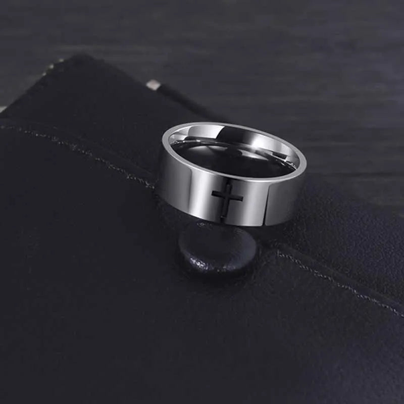 Unisex Retro Punk Style Jesus Cross Ring 6/8MM Black Silver Fashion Religious Prayer Jewelry for Men And Women Halloween Gift