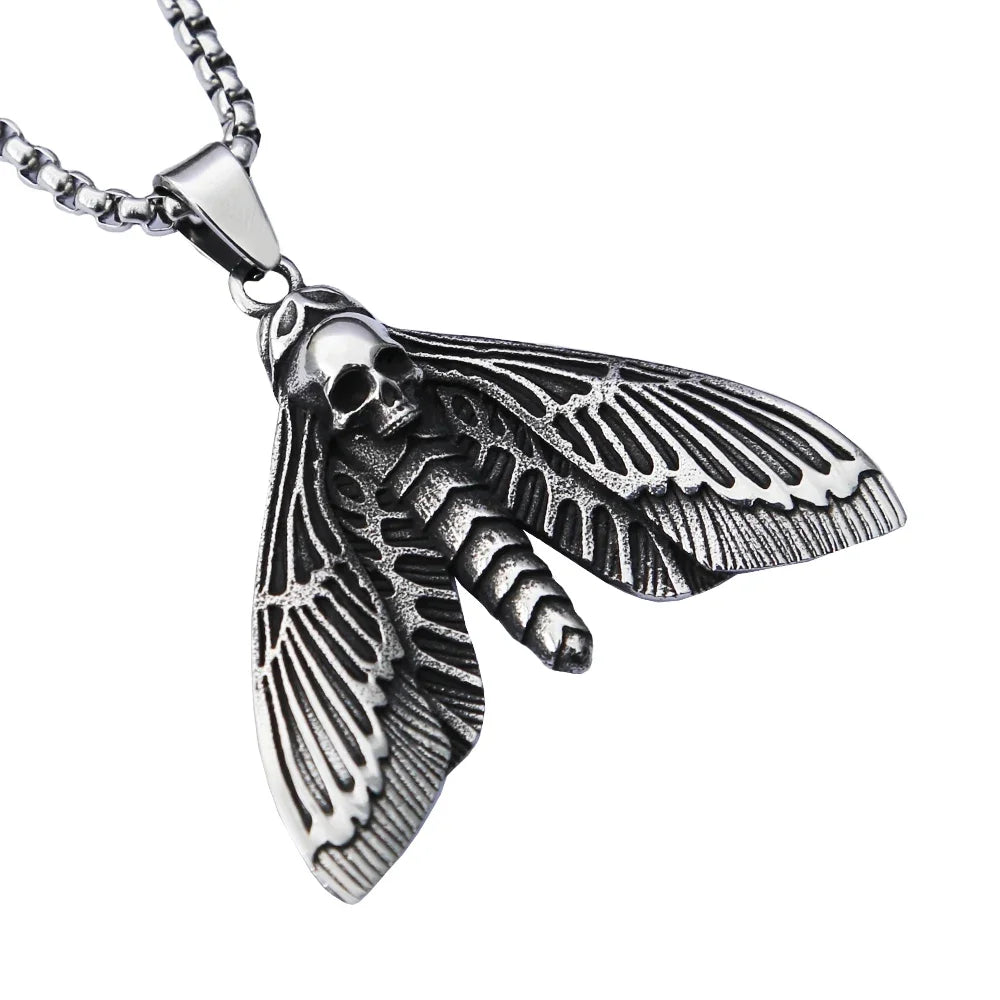 Vintage Gothic Style Death Moth Necklace Unisex Punk Stainless Steel Butterfly Skull Pendant Animal Jewelry Gift