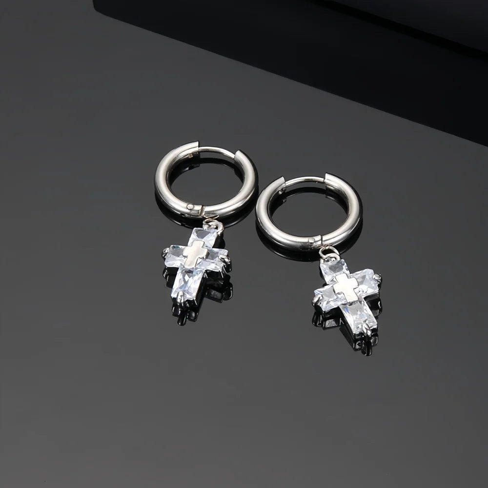 Retro Crystal Zircon Cross Drop Earrings — Silver-Tone