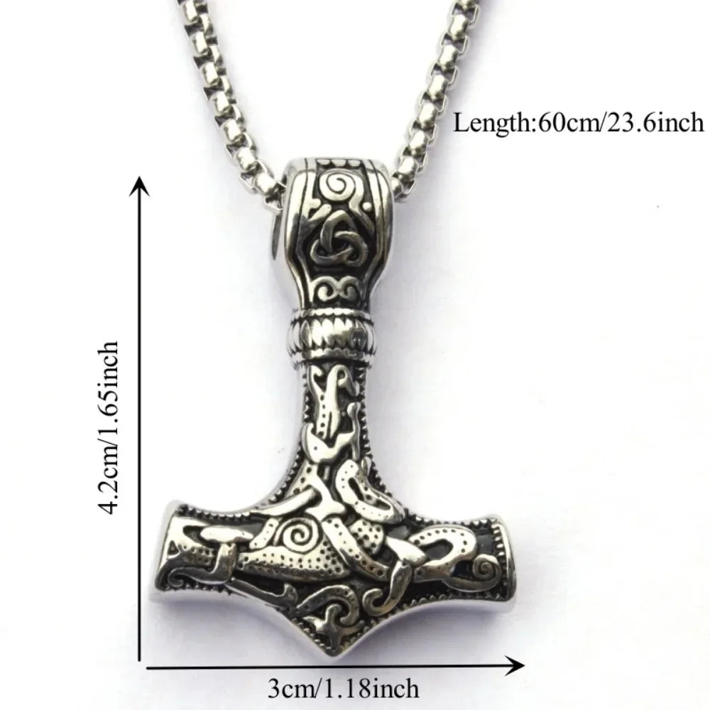 Vintage Odin Viking Hammer Pendant Necklace for Men Stainless Steel Chain Party Jewelry