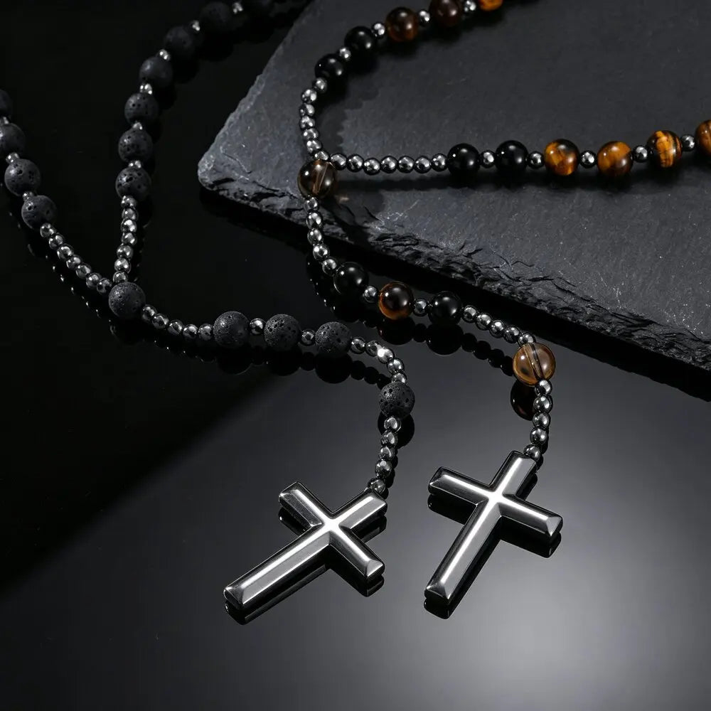Natural Beaded Rosary Y Necklace for Men,Hematite Cross Pendant with Black Lava Tiger Eye Stone,Religious Prayer Jewelry