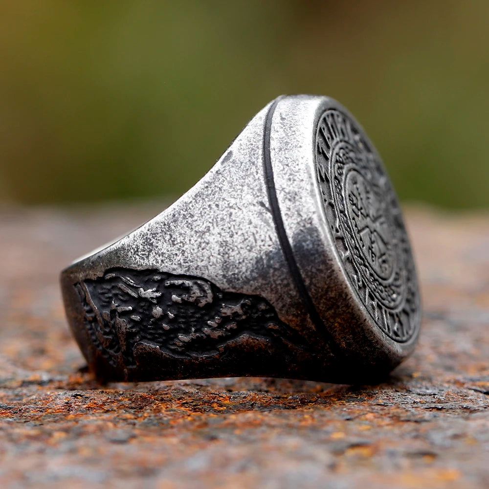 Viking Compass & Crow Rune Ring — Odin, Stainless Steel