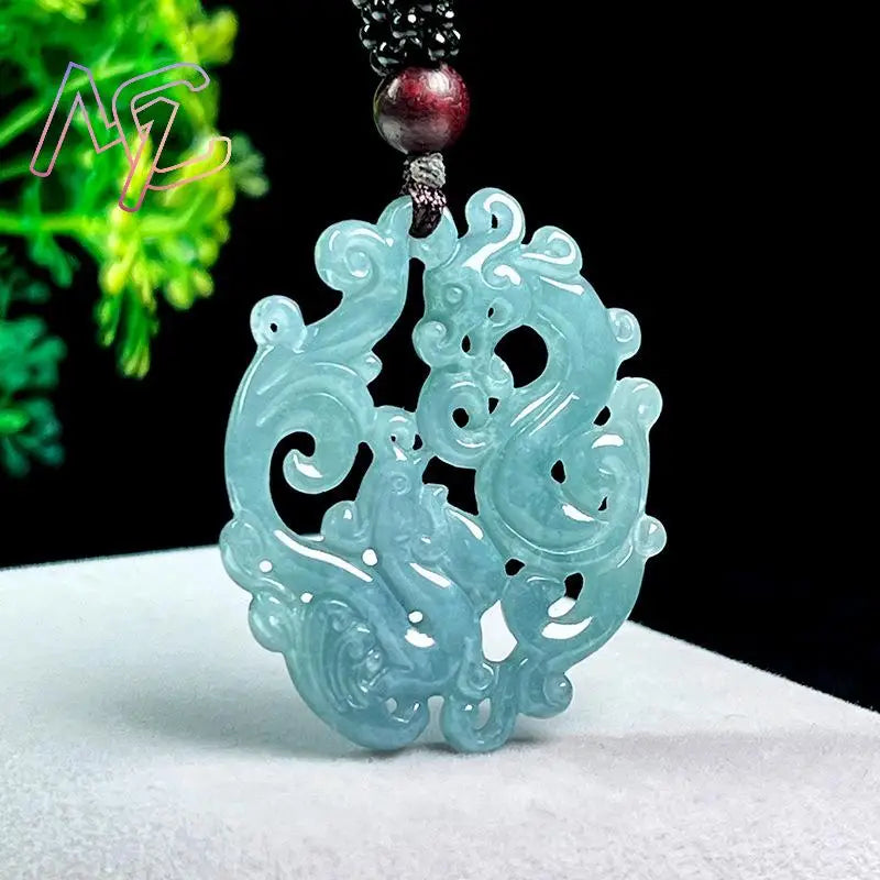 Myanmar Jadeite Dragon Phoenix Pendant Necklace Stone Fashion Accessories Luxury Talismans Burmese Jade Real Jewelry