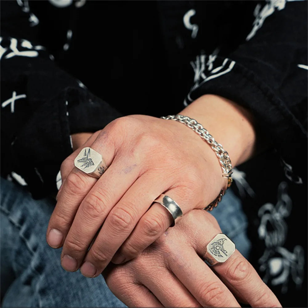 New Vintage Fashion Trend Ancient Egyptian Gods Eye of Horus Death Anubis Graphic Ring Men's Open Adjustable Ring