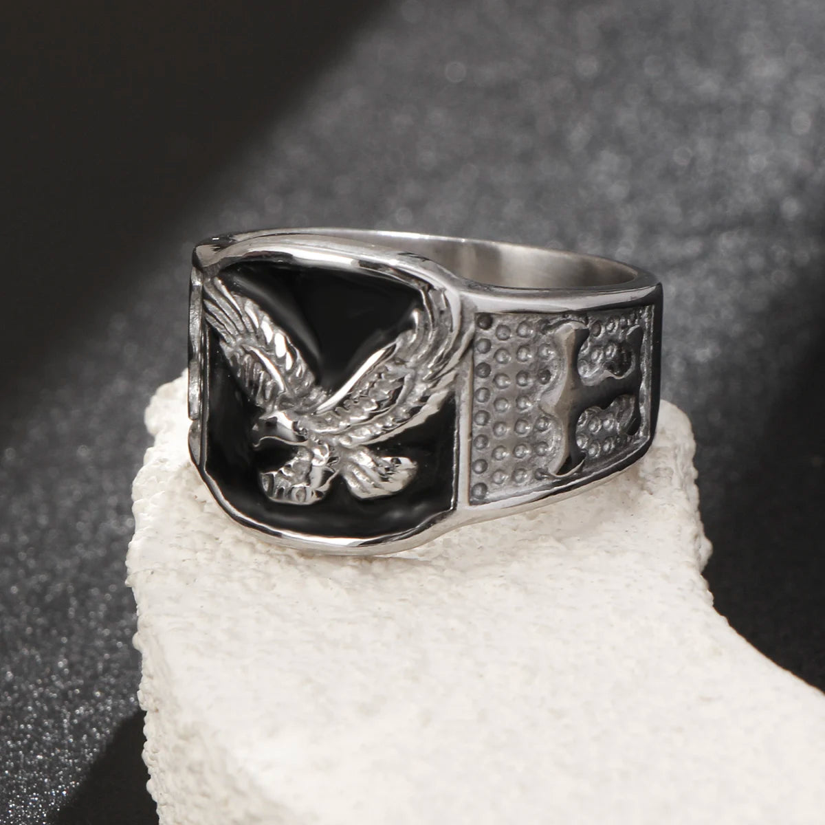 Black Enamel Eagle Signet Ring Closed Band — Stainless Steel