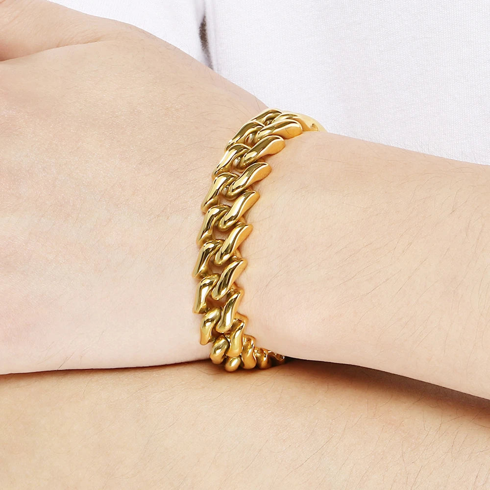 Polished 15mm Cuban Link Bracelet for Man Luxury Waterproof Gold Color Stainless Steel Men's Chain Bracelets Fashion