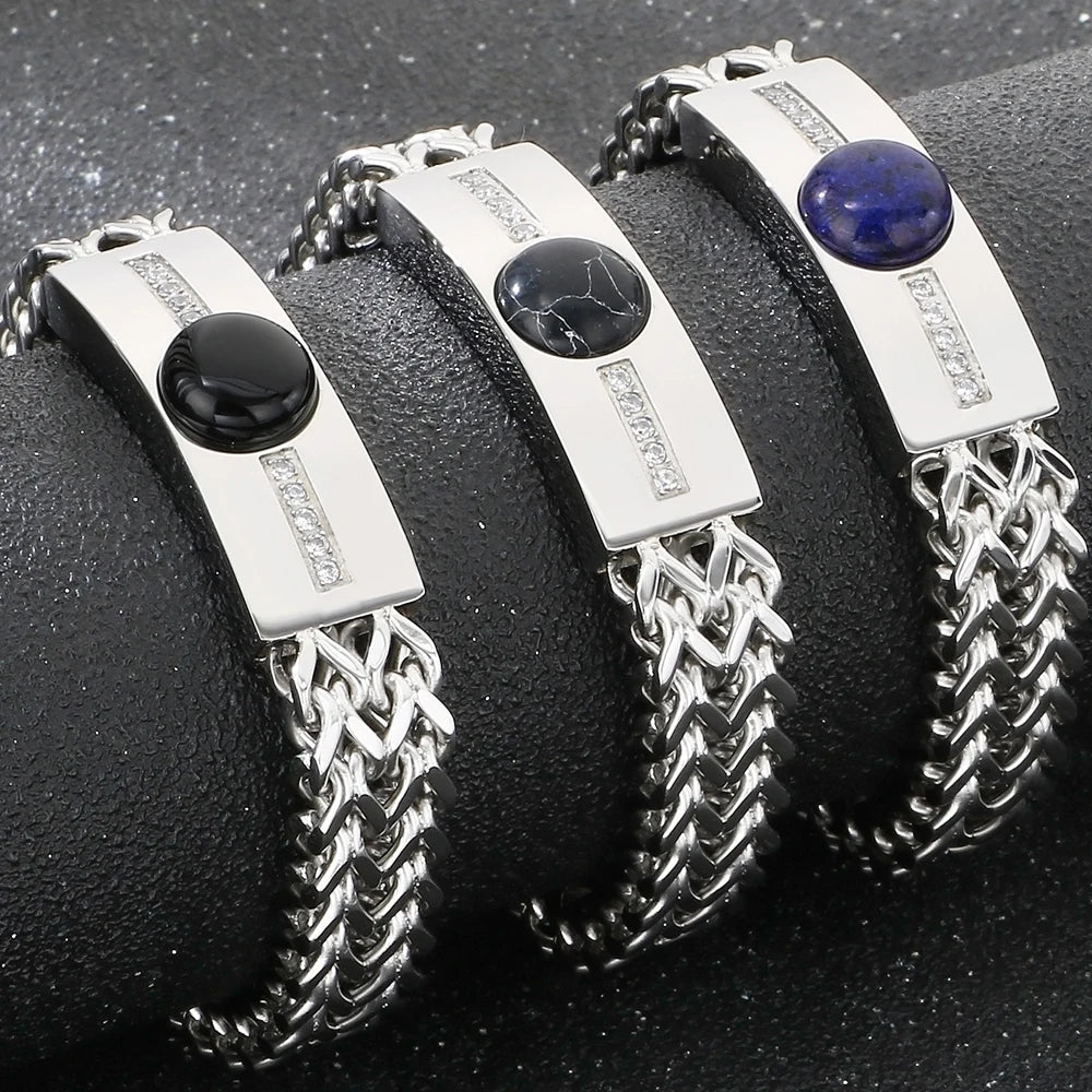 Vintage Stainless Steel Men's Curved Bracelet Natural Stone & Shiny CZ Inlaid Bracelets for Man Fashion Male Hand