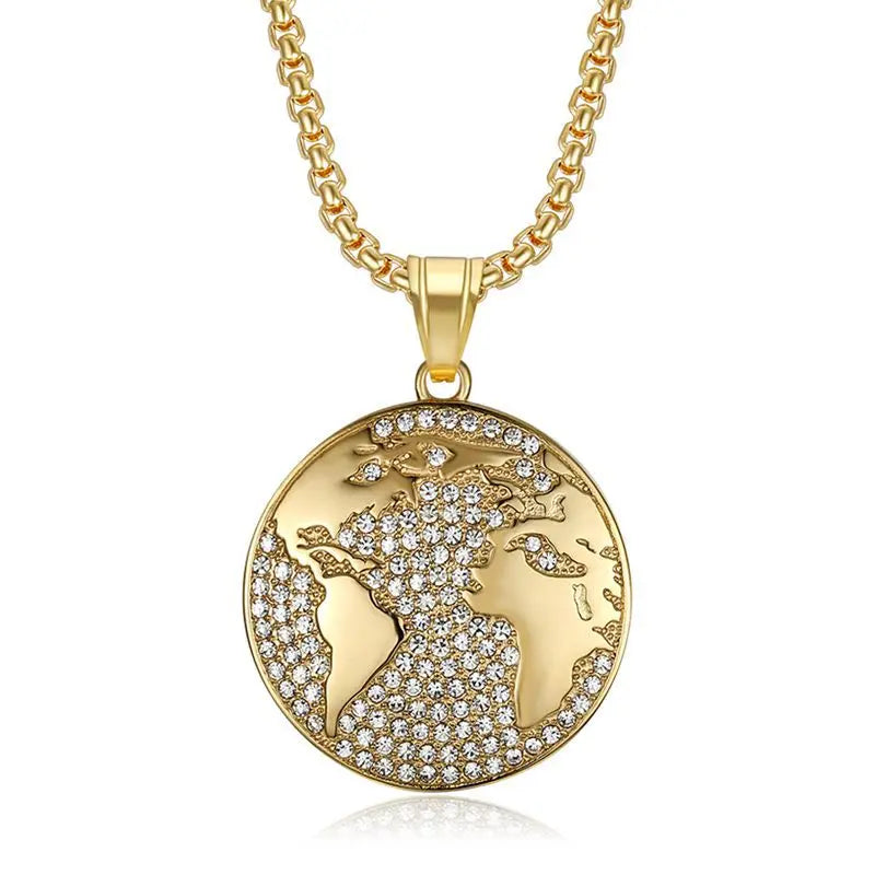 Iced World Map Pendant Necklace — Stainless Steel