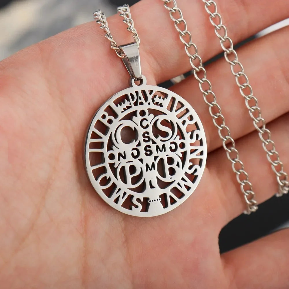 Jesus Cross & Saint Benedict Pendant Necklace — Stainless Steel