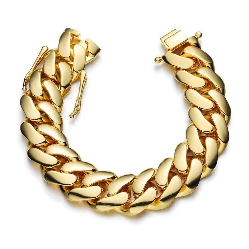 Luxury 24K 9999 Pure Gold real gold Wide 10mm 12mm 14mm Glow Cuban Chain Butterfly Buckle Men's Bracelet