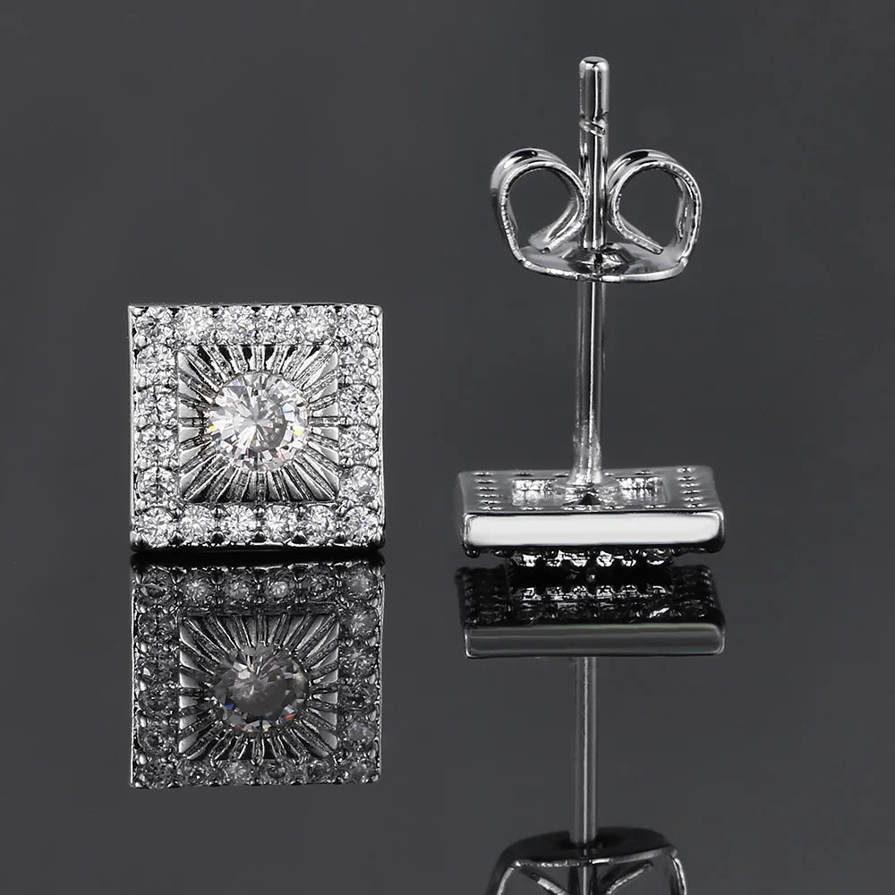 Silver Iced Out Square Stud Earrings CZ