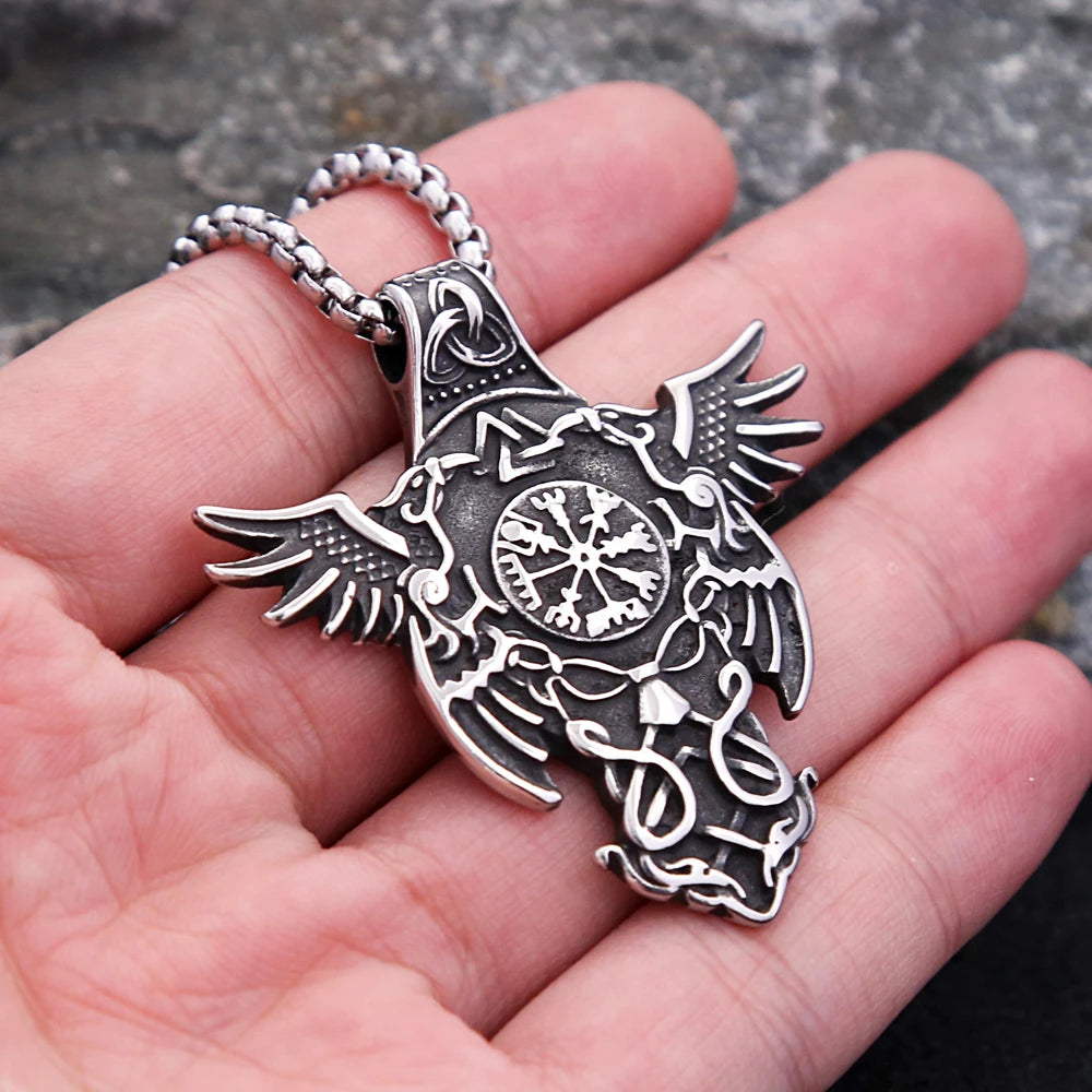 New Vintage Stainless Steel Nordic Odin Crow Pendant Necklace Fashion Viking Compass Necklaces Amulet Jewelry Gifts Dropshipping