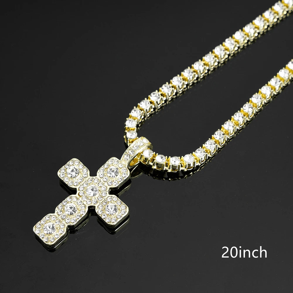 Iced Out Cross Pendant Necklace — 4mm Tennis Chain, Two-Tone