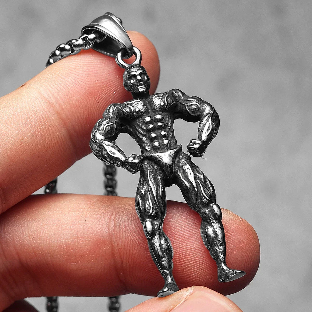 Bodybuilder Muscle Man Pendant Necklace — Stainless Steel