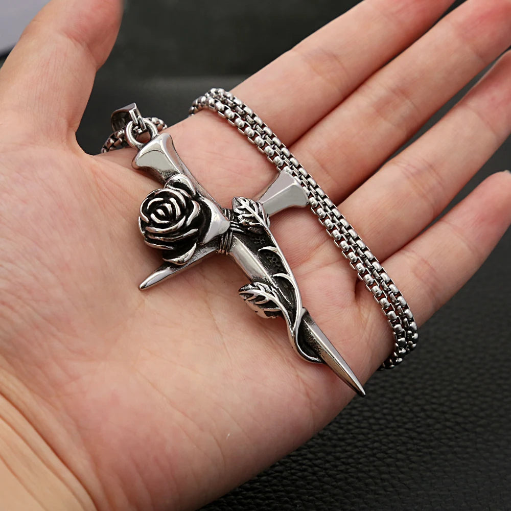 Rose Cross Pendant — Stainless Steel