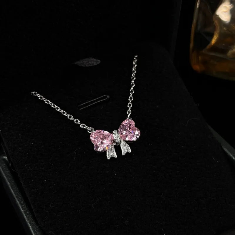 Pink Bow Zircon Clavicle Necklace — SS