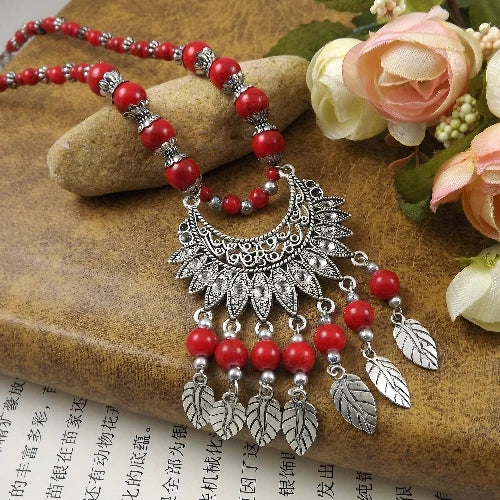 Womens Gypsy Jewelry Bohemian Ethnic Red Natural Stone Pendants Necklaces Metal Tibetan Sliver Color Chain Necklace For