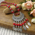 Womens Gypsy Jewelry Bohemian Ethnic Red Natural Stone Pendants Necklaces Metal Tibetan Sliver Color Chain Necklace For