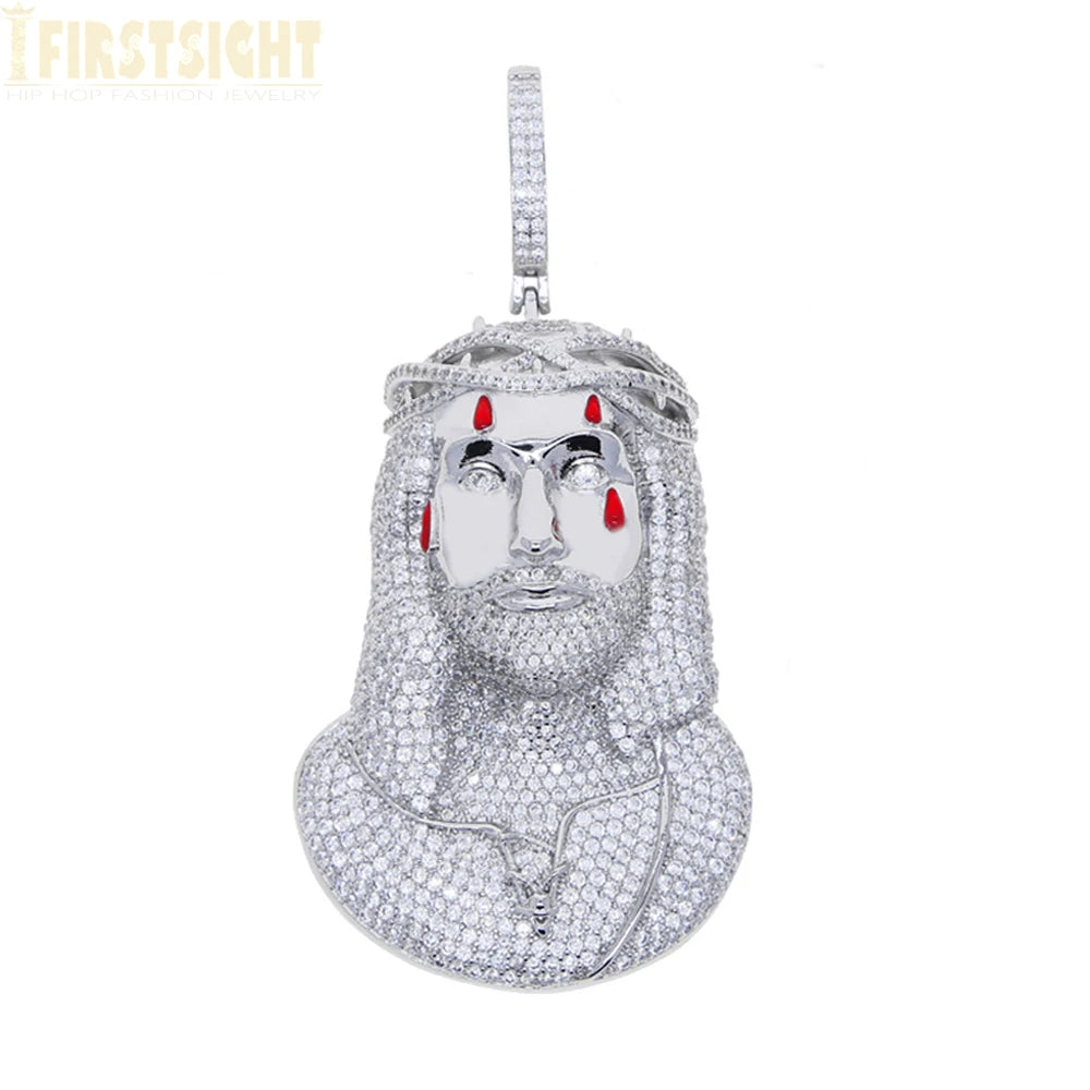 Iced Out Rose Flower Jesus Head Pendant Necklace Two Tone Color CZ Zircon Faith Charm Men Women Hip Hop Fashion Rock