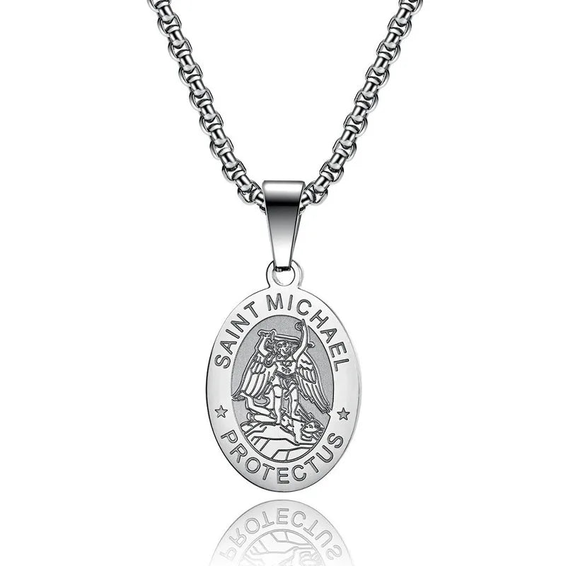 Medal San Miguel Arcanjo Archangel Necklaces Stainless Steel Chain Necklace Saint Michael Pendant Necklace Lucky