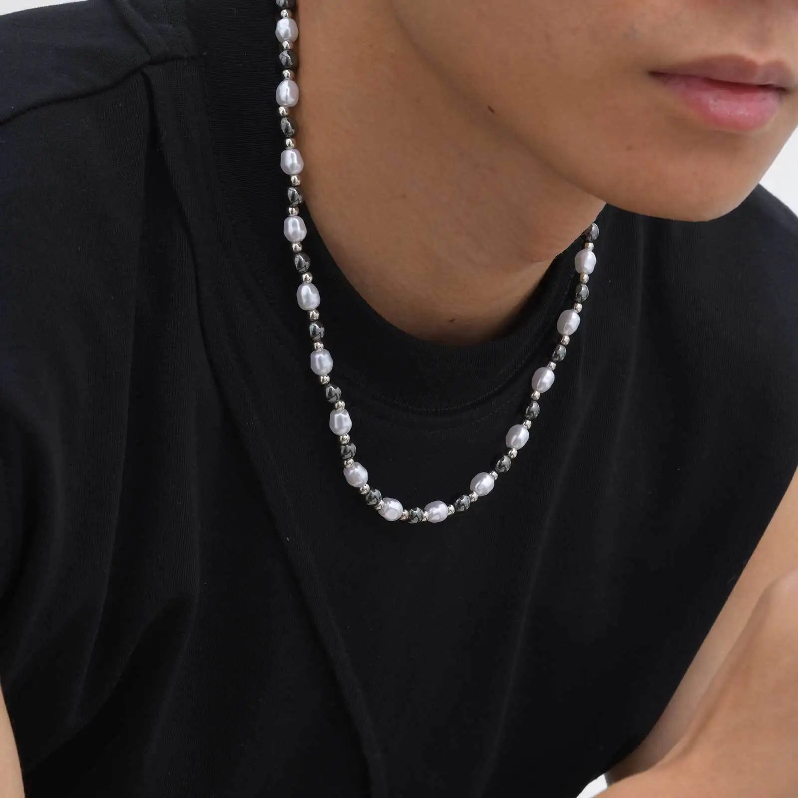 Hematite Pearl Bead Necklace — Stainless