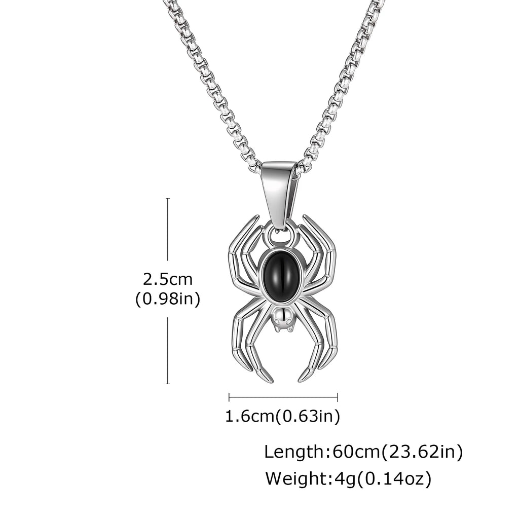 Gothic Punk Spider Totem Necklace for Men,Stainless Steel Black Onyx Inlaid Spider Pendant Necklace,Trend Halloween
