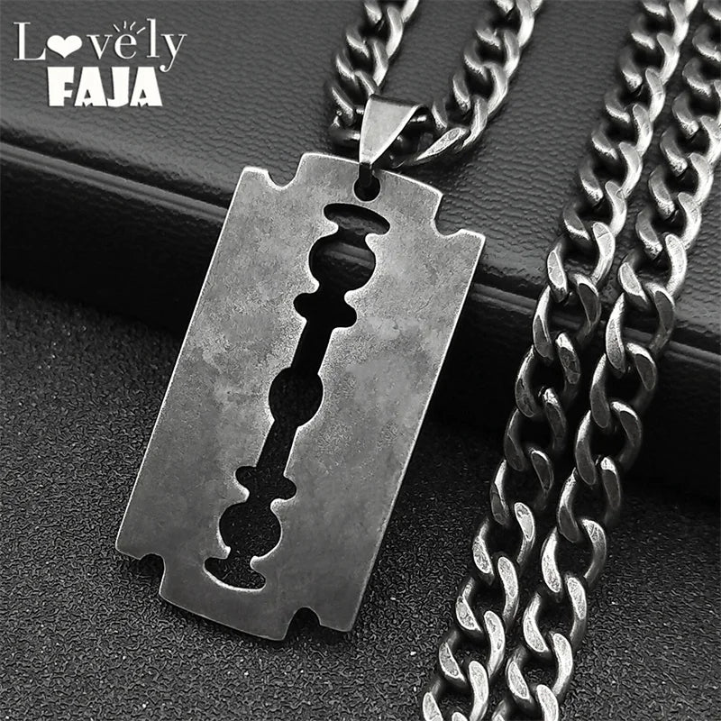 Razor Blade Long Necklace — Black Stainless