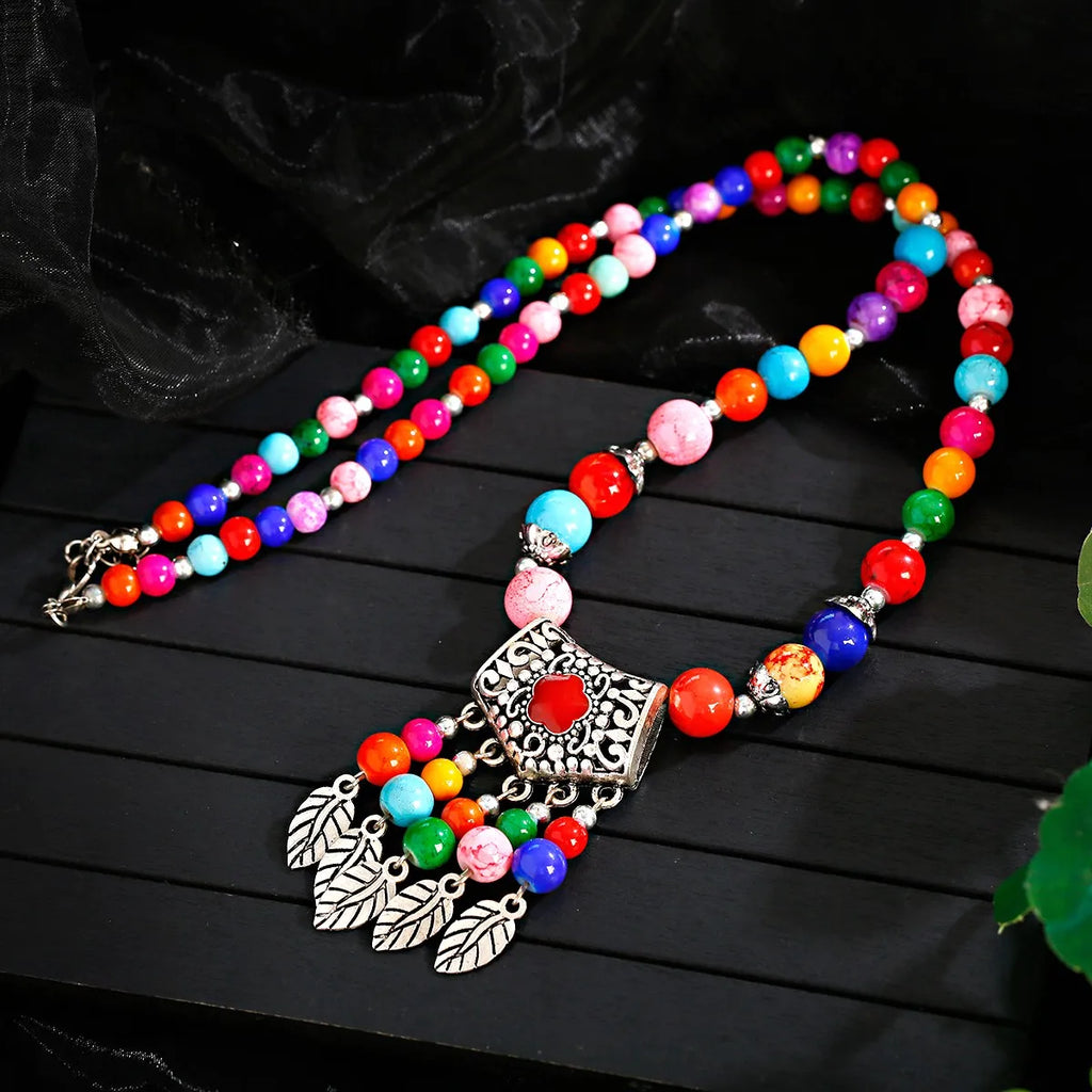 Womens Gypsy Jewelry Bohemian Ethnic Red Natural Stone Pendants Necklaces Metal Tibetan Sliver Color Chain Necklace For