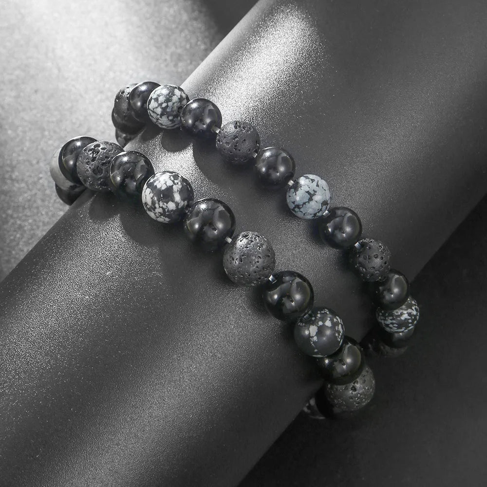Vintage Dark Tone Natural Stone Bracelet, Matte Black Onyx Mixed Snowflake Obsidian Beaded Bracelet, Trendy Gothic