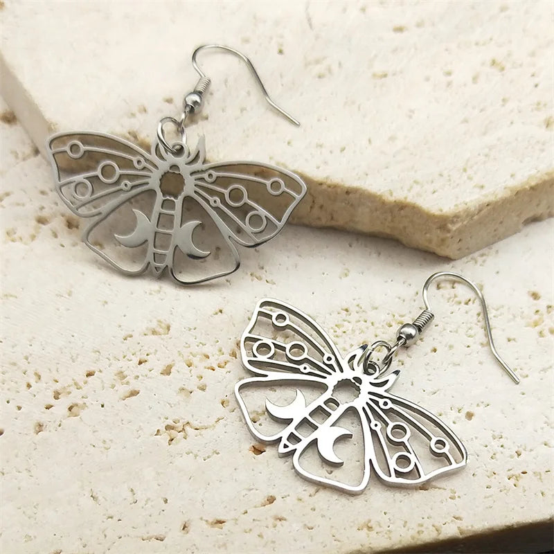 Butterfly Silver Earrings Gothic Crescent Moon