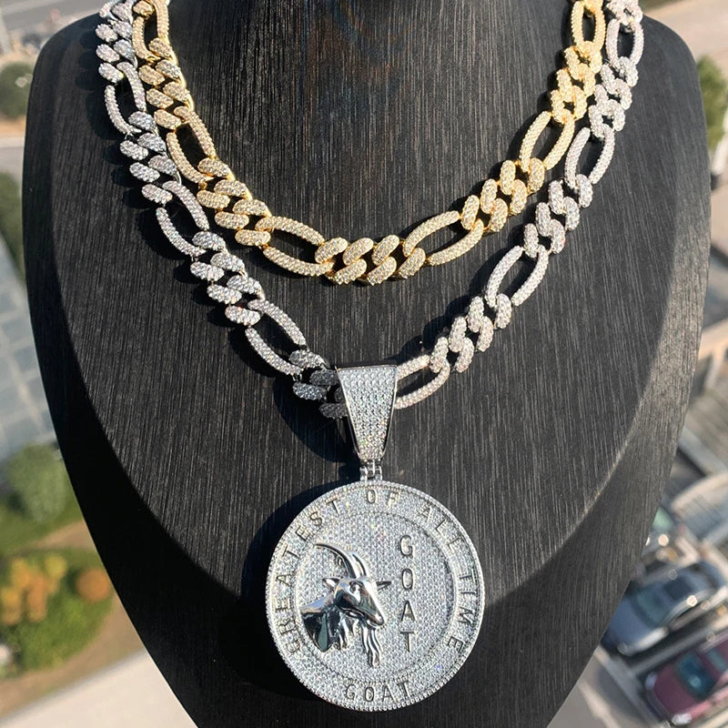 Hip Hop 5A+ CZ Stone Bling Ice Out Goat Round Pendants Necklace for Men Rapper Jewelry Gold Silver Color