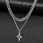 Vnox 2pcs/set Link Chain Chokers Four-point Star Pendant O-Chain Necklace Set for Men, Stainless Steel Silver Color Jewelry Gift