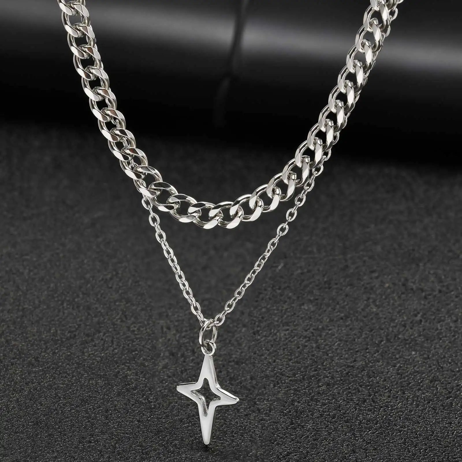 Vnox 2pcs/set Link Chain Chokers Four-point Star Pendant O-Chain Necklace Set for Men, Stainless Steel Silver Color Jewelry Gift
