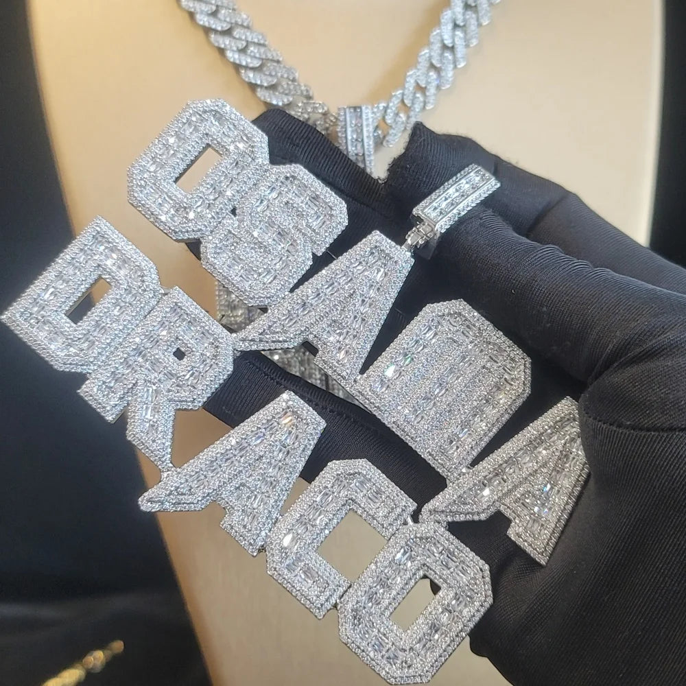 Customized Iced Out Square Name Pendant Personalized Any Letter Number Necklace Cuban Chain Icy Two Rows Hip Hop