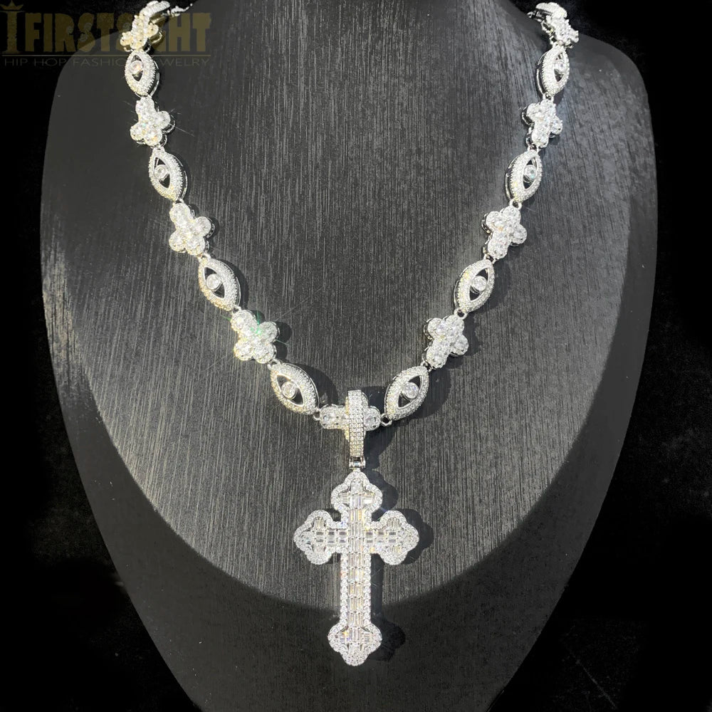 2026 New Iced Out Luxury Eye Cross Necklace Bling Cubic Zirconia Charm Tennis Chain for Men Women Hip Hop Jewelry