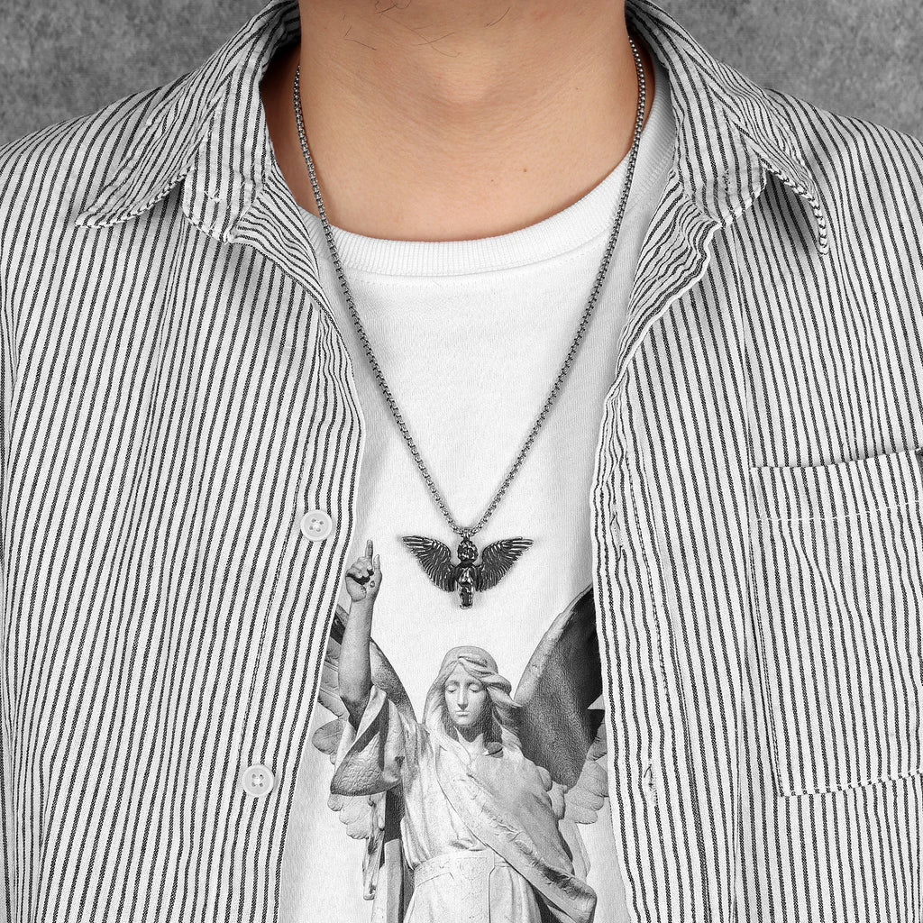 Angel Wings Cherub Pendant Necklace Stainless Steel