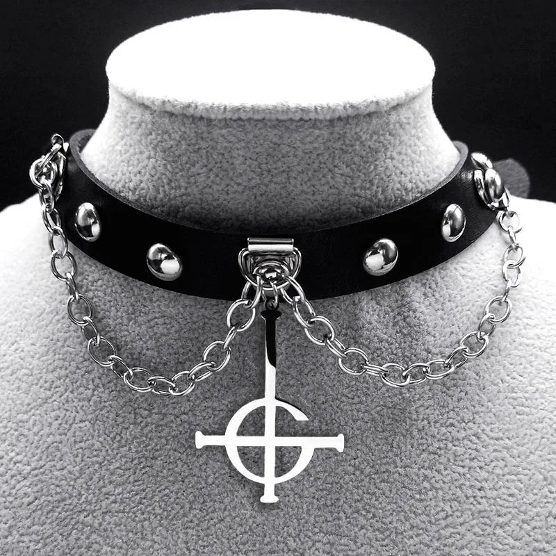 Gothic Cross Leather Choker Necklace — Stainless Steel