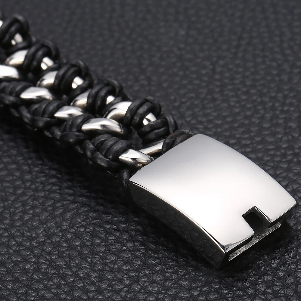 Men's 22MM Polished Stainless Steel Cuban Chain Bracelet for Men Braided Leather Wrap Bracelet Wristband Male Jewelry