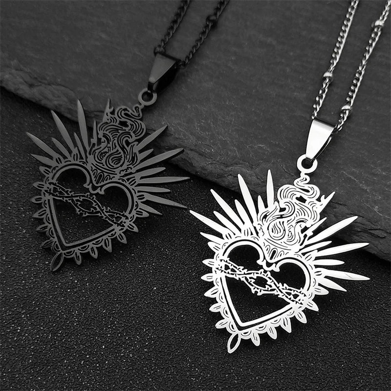 Sacred Heart Enamel Pendant — Black Stainless