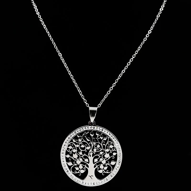 Iced Out Tree of Life Silver Necklace — Stainless Steel