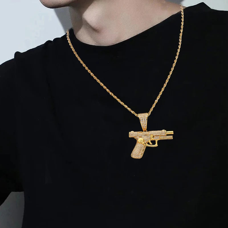 Silver Iced Out Pistol Pendant Necklace