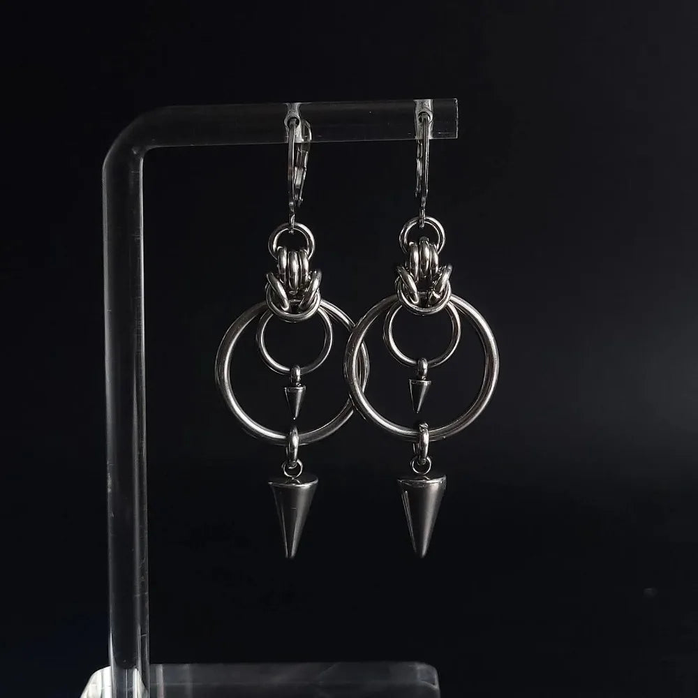 Gothic Punk Rivet Tassel Double Ring Dangle Earrings 304 Stainless Steel Hoop Earrings for Men Women Rock Hip-hop Street Jewelry