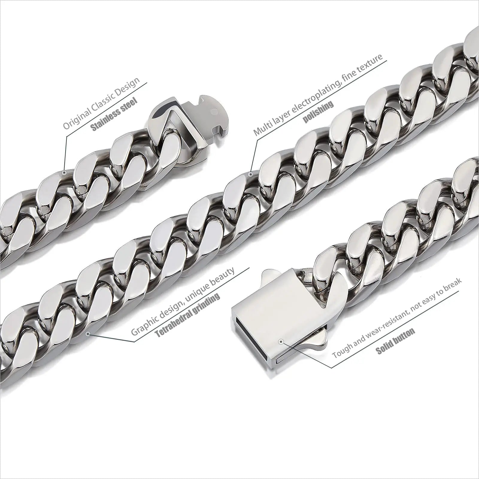 ULJ Hip-Hop Jewelry Men and Women Stainless Steel Miami Cuban Link Street Rapper Necklace Waterproof Chain